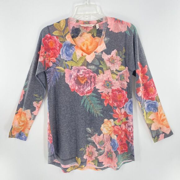 Soft Surroundings Midnight Blooms Womens Floral Sweater Lightweight V-Neck Sz PS - Picture 1 of 13